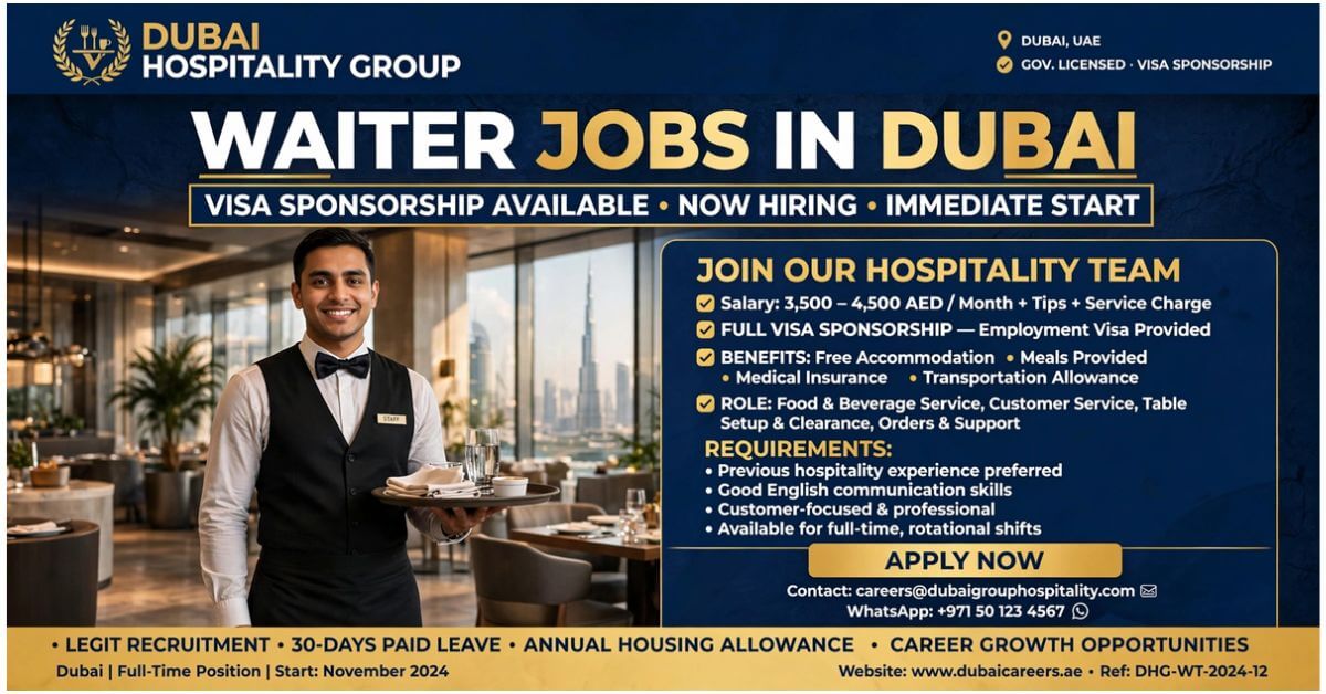 Waiter Jobs in Dubai with Visa Sponsorship