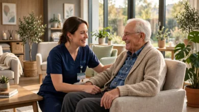 A care worker assisting a smiling elderly resident in a bright modern UK care home lounge