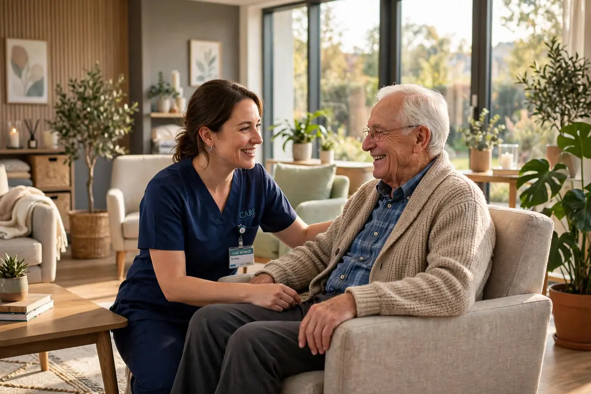 A care worker assisting a smiling elderly resident in a bright modern UK care home lounge