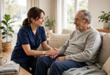 Caregiver helping an elderly person at home in a bright living room, Canada caregiver job with LMIA