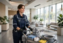 Professional cleaner with cleaning supplies working in a bright modern office lobby in Canada