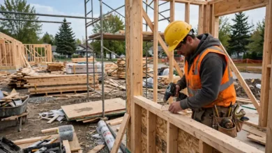 Construction labourer in hard hat and safety vest working on a Canadian housing construction site