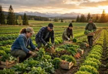 Farm workers harvesting vegetables in a green field in Leamington, Ontario at golden hour