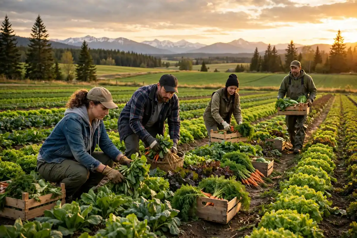 Farm workers harvesting vegetables in a green field in Leamington, Ontario at golden hour