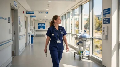 A nurse in scrubs walking through a bright modern hospital ward corridor in the UK