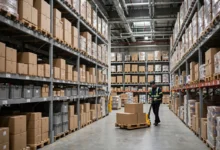 Warehouse worker using a pallet jack to move boxes inside a large modern distribution warehouse in Canada