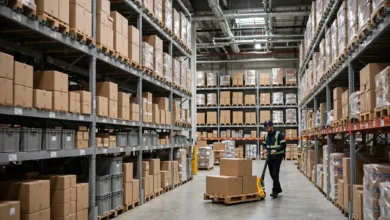 Warehouse worker using a pallet jack to move boxes inside a large modern distribution warehouse in Canada