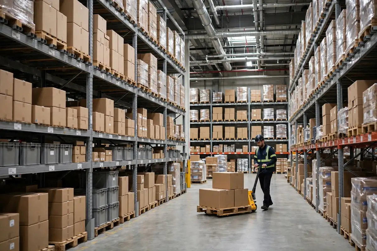 Warehouse worker using a pallet jack to move boxes inside a large modern distribution warehouse in Canada