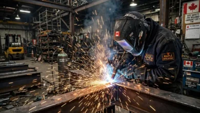 Welder wearing a protective helmet creating bright sparks while welding steel in an industrial Canadian workshop